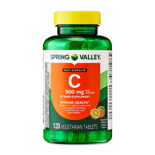 (3 pack) Spring Valley Vitamin C Dietary Supplement, Orange Flavor, 500 mg, 120 Count, Fast Dissolve Tablets for Immune Health