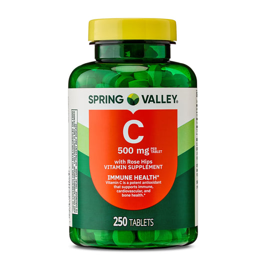 Spring Valley Vitamin C with Rose Hips, 500 mg, 250 Count, Dietary Supplement Tablets for Immune Health