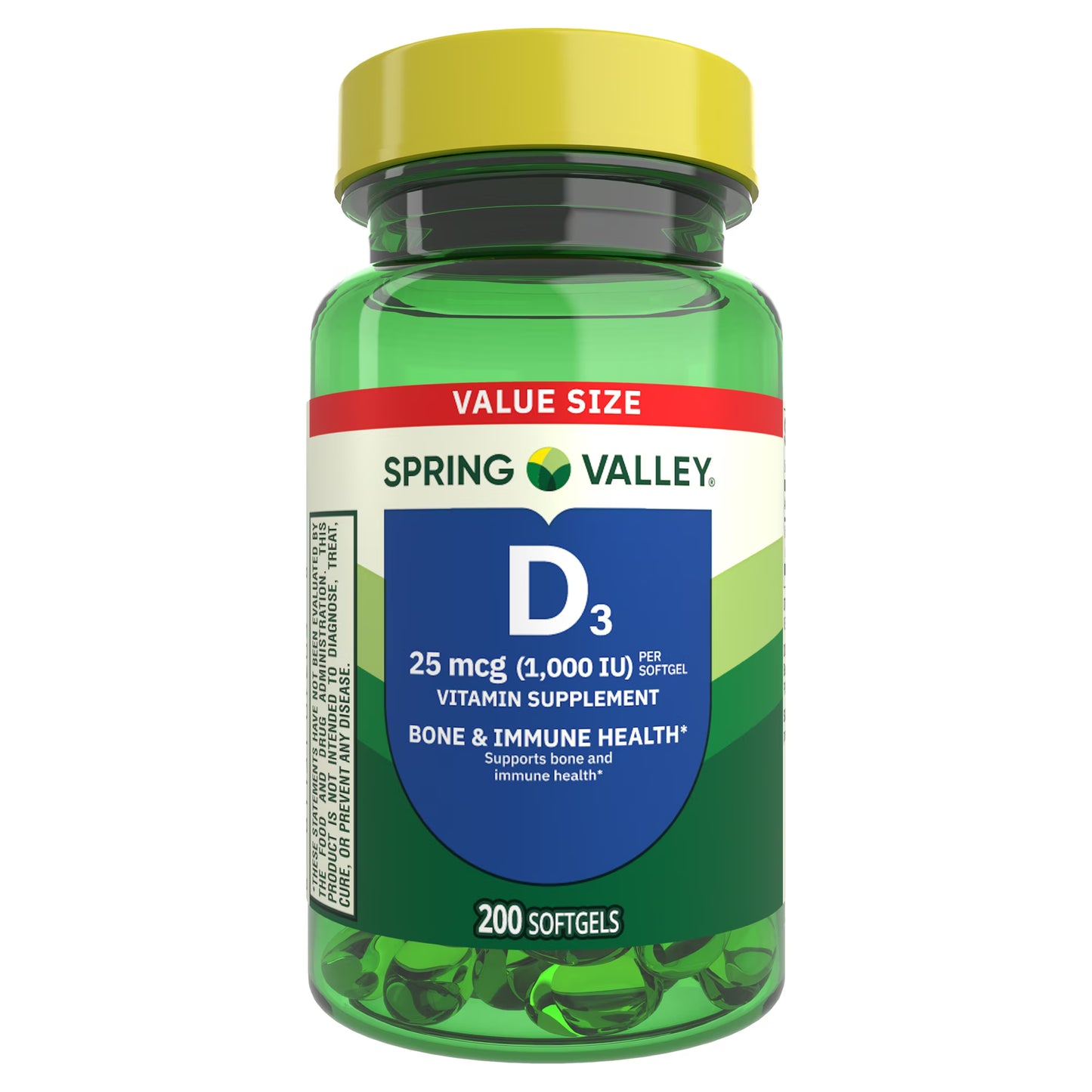 Spring Valley Vitamin D3 Softgels, 25 mcg (1000 IU), 200 Count, Supplement for Bone and Immune Health