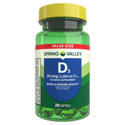 Spring Valley Vitamin D3 Softgels, 25 mcg (1000 IU), 200 Count, Supplement for Bone and Immune Health