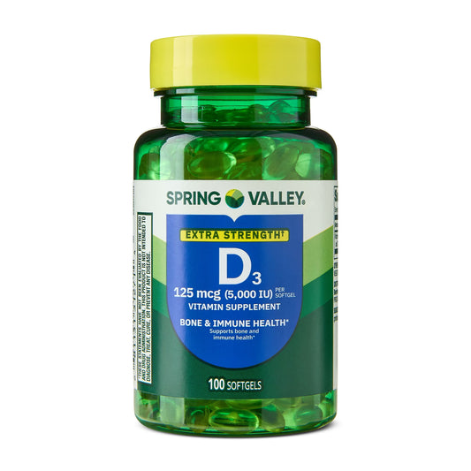 (3 pack) Spring Valley Extra Strength Vitamin D3 Softgels, 125 mcg (5000 IU), 100 Count, Supplement for Bone and Immune Health