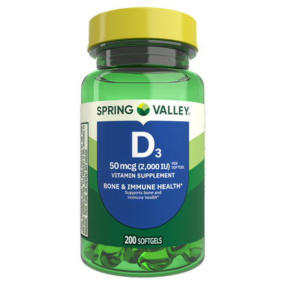Spring Valley Vitamin D3 Softgels, 50 mcg (2,000 IU), 200 Count, Supplement for Bone and Immune Health