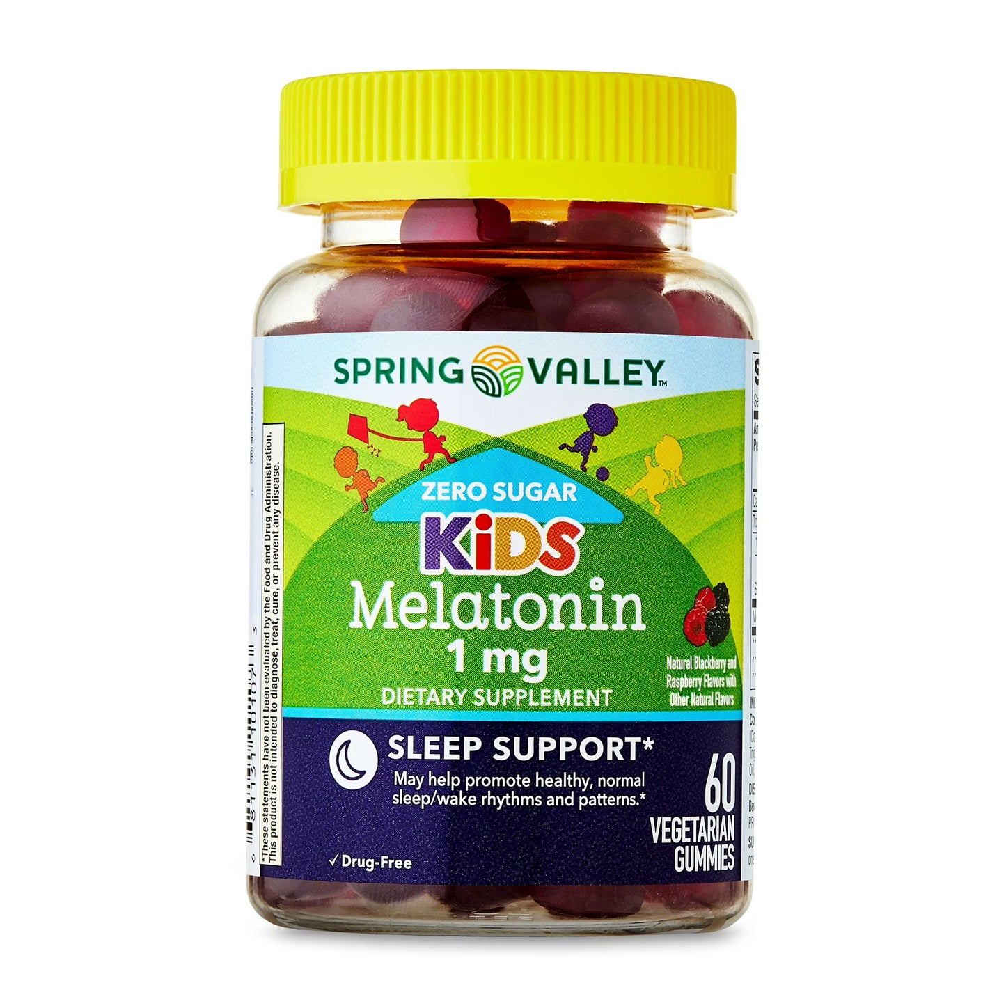 Spring Valley Zero Sugar Kids Melatonin Sleep Support Dietary Supplement Gummies, Blackberry and Raspberry, 1 mg, 60 Count