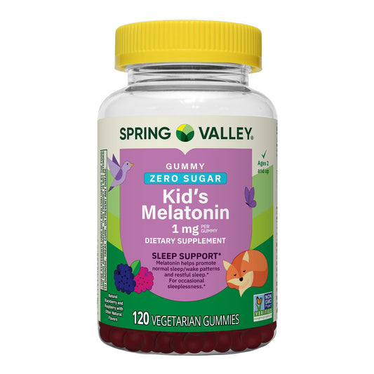 Spring Valley Zero Sugar Kids Melatonin Sleep Support Dietary Supplement Gummies, Raspberry and Blackberry, 1 mg, 120 Count