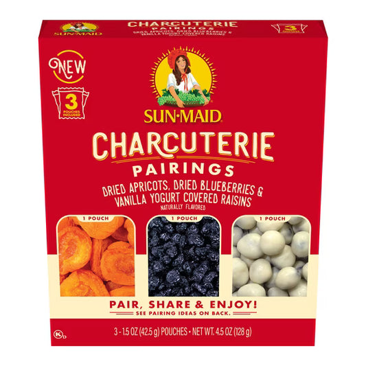 Sun-Maid Charcuterie Pairings Dried Apricots, Dried Blueberries & Vanilla Yogurt Covered Raisins, 4.5 oz
