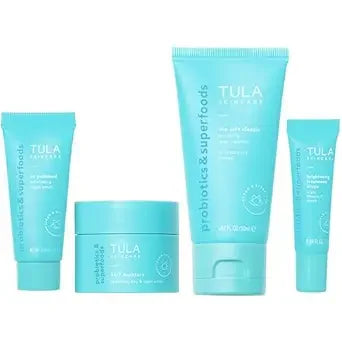 TULA Skin Care Best Sellers Travel Kit, Cleanser, Moisturizer, Scrub & Serum, 1.0 Count