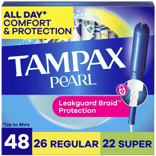 (8 pack) Tampax Pearl Tampons Multipack, with LeakGuard Braid, Regular/Super Absorbency, Unscented, 48 Count