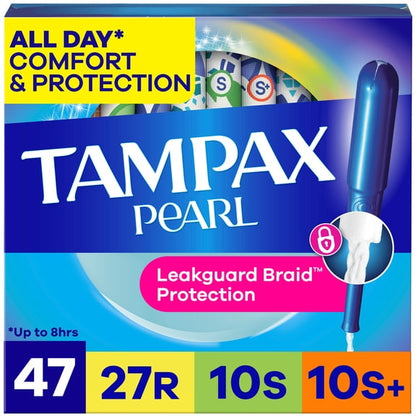 (4 pack) Tampax Pearl Tampons Multipack with LeakGuard Braid, Regular/Super/Super Plus, 47 Count