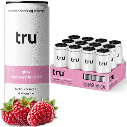 Tru Glow Seltzer Sparkling Water Raspberry Flavored Biotin Drink 12 Pack 12 oz