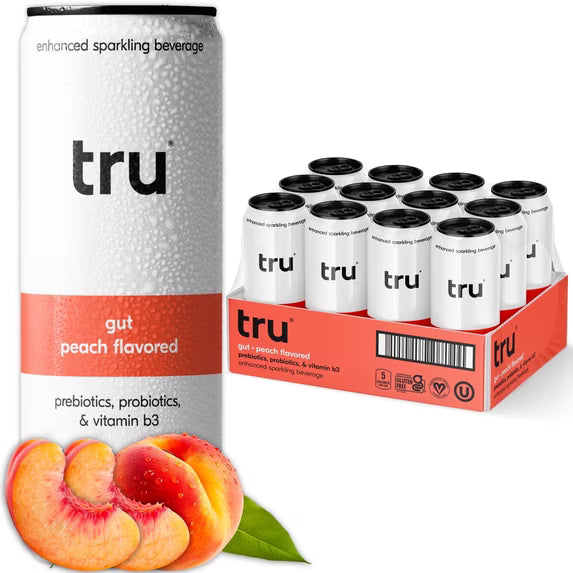 Tru Gut Sparking Water Peach Flavored Prebiotic Drink 12 Pack 12 oz