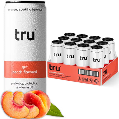 Tru Gut Sparking Water Peach Flavored Prebiotic Drink 12 Pack 12 oz