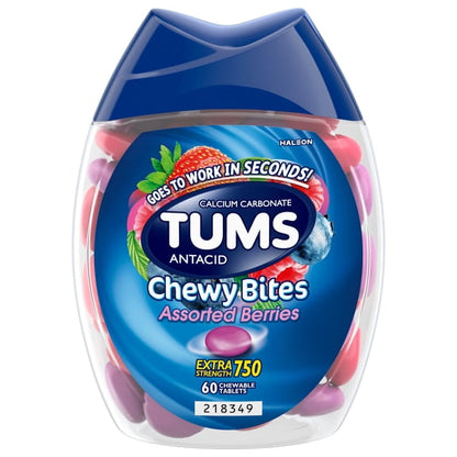 (3 pack) Tums Chewy Bites Heartburn Relief Chewable Antacid Tablets, Berry, 60 Ct