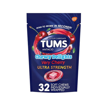 (3 pack) Tums Chewy Delights Ultra Strength Heartburn Relief Antacid Soft Chews, Very Cherry, 32 Count