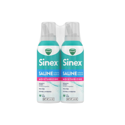 Vicks Sinex Saline Moisturizing Nasal Spray, with Aloe, Drug Free Ultra Fine Mist, Clear Everyday Sinus Congestion Fast, Clear Mucus from a Cold or Allergy, 5 OZ x 2