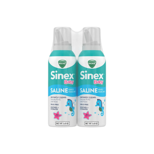 VICKS Sinex Baby Saline Nasal Spray, Drug Free Gentle Nasal Mist, Instantly Clears Everyday Stuffy Little Noses, Soothes & Hydrates, Safe For Daily Use, Gentle For All Ages, 5 OZ x 2
