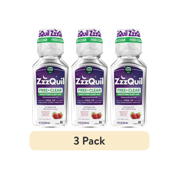 (3 pack) ZzzQuil Liquid Sleep Aid, FREE & CLEAR, Strawberry Flavored, 12 fl oz