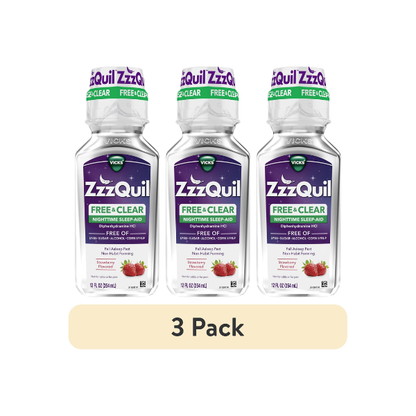 (3 pack) ZzzQuil Liquid Sleep Aid, FREE & CLEAR, Strawberry Flavored, 12 fl oz