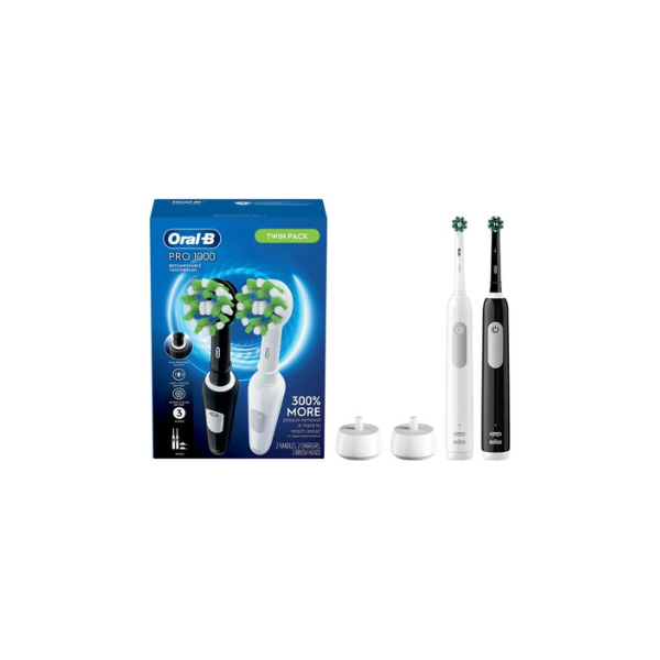 Oral-B Toothbrush, Pro 1000 CrossAction Rechargeable Electric Toothbrush Pack, Black and White, 2 Count