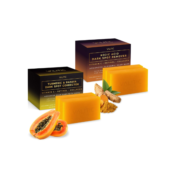VALITIC Papaya and Turmeric Kojic Acid Soap Bar for Dark Spots, 4 Pack