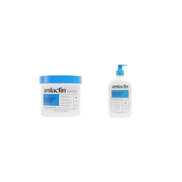 AmLactin Intensive Healing Body Cream – 12 oz Tub & Intensive Healing Body Lotion for Dry Skin – 14.1 oz Pump Bottle