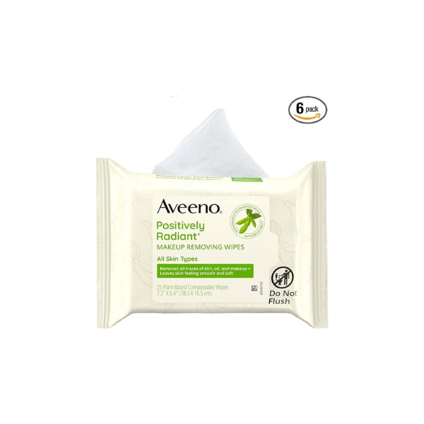 Aveeno Positively Radiant Alcohol-Free Makeup Removing Face Wipes, Ultra Soft, Gentle, Non-Comedogenic Facial Cleansing Wipes Leave Skin Feeling Clean & Soft, Sulfate Free, 25 ct (Pack of 6)
