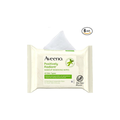 Aveeno Positively Radiant Alcohol-Free Makeup Removing Face Wipes, Ultra Soft, Gentle, Non-Comedogenic Facial Cleansing Wipes Leave Skin Feeling Clean & Soft, Sulfate Free, 25 ct (Pack of 6)