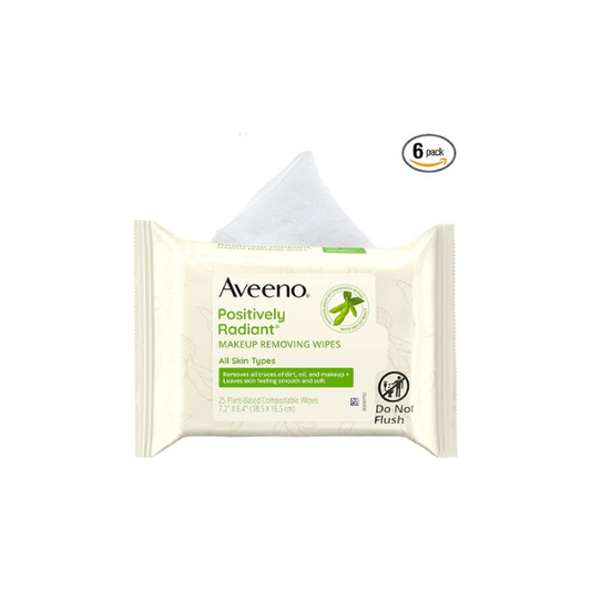 Aveeno Positively Radiant Alcohol-Free Makeup Removing Face Wipes, Ultra Soft, Gentle, Non-Comedogenic Facial Cleansing Wipes Leave Skin Feeling Clean & Soft, Sulfate Free, 25 ct (Pack of 6)