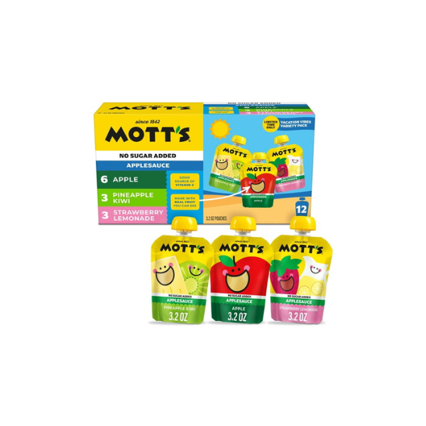 Mott’s No Sugar Added Vacation Vibes Applesauce Variety Pack, 3.2 oz, 12 Count Clear Pouches
