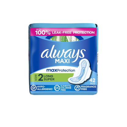 Always Maxi Pads with Wings, Size 2, Long Super Absorbency, 42 count