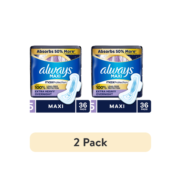 (2 pack) Always Maxi Pads with Wings, Size 5, Extra Heavy Overnight, 36 Count