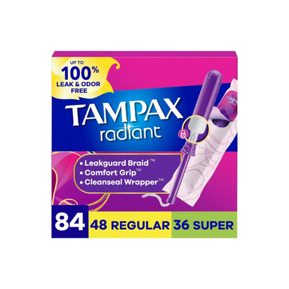 Tampax Radiant Tampons for Women Multipack, with LeakGuard Braid, Regular/Super Absorbency, Unscented, 84 Count (3 Packs of 28), Packaging May Vary