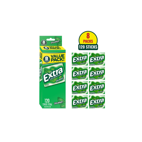 EXTRA Spearmint Sugar Free Chewing Gum, 15 Sticks per Pack, 8 Pack Bulk