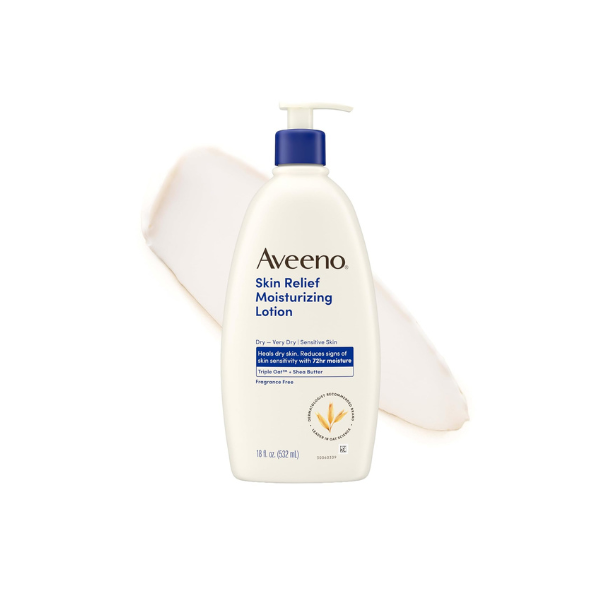 Aveeno Skin Relief Moisturizing Body Lotion Heals Very Dry, Sensitive Skin, Fast Absorbing Lotion with Soothing Triple Oat & Shea Butter Formula, Fragrance Free Lotion, Non-Comedogenic, 18 Fl Oz