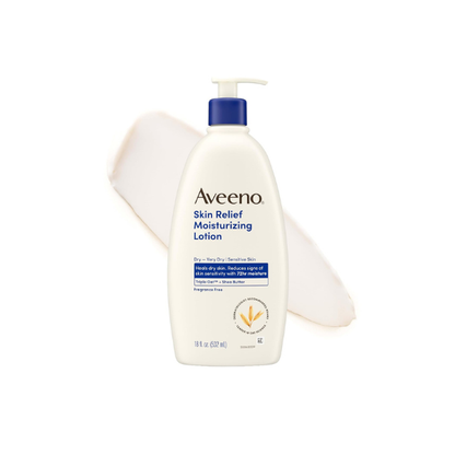 Aveeno Skin Relief Moisturizing Body Lotion Heals Very Dry, Sensitive Skin, Fast Absorbing Lotion with Soothing Triple Oat & Shea Butter Formula, Fragrance Free Lotion, Non-Comedogenic, 18 Fl Oz