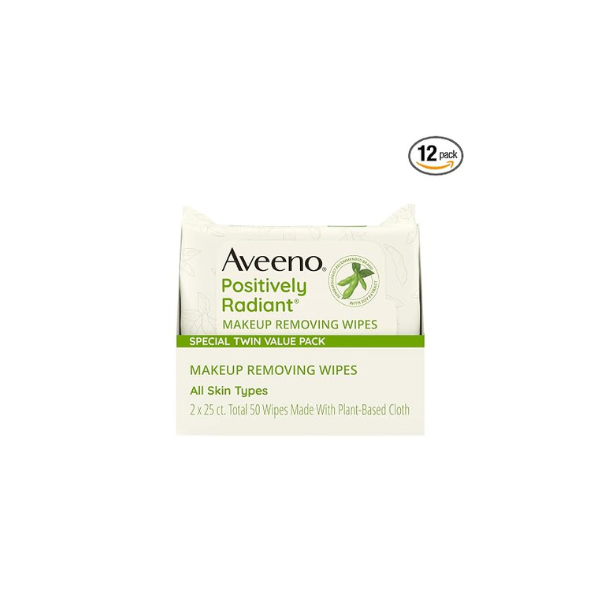 Aveeno Positively Radiant Makeup Remover Wipes, Twin Pack, 2 x 25 Ct, 50 Count (Pack of 12)