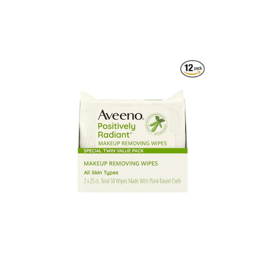 Aveeno Positively Radiant Makeup Remover Wipes, Twin Pack, 2 x 25 Ct, 50 Count (Pack of 12)