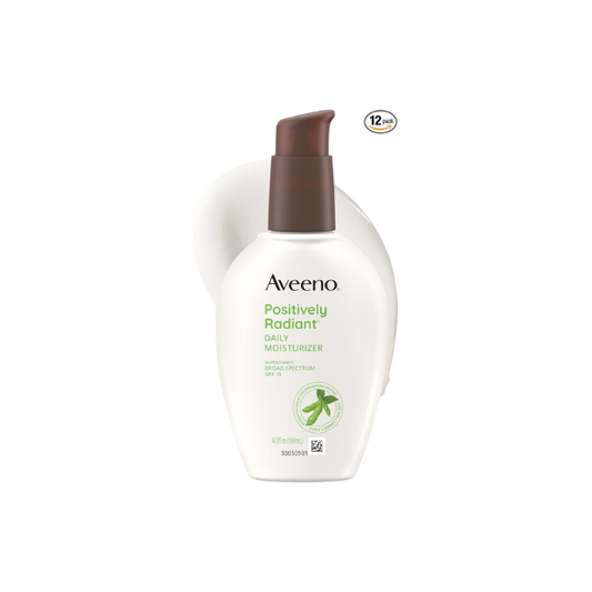 Aveeno Positively Radiant Daily Face Moisturizer with SPF 15 Sunscreen, Hydrating Face Lotion with Soy Extract to Improve Skin Tone and Texture, Hypoallergenic Formula, Oil-Free, 4 Fl Oz (Pack of 12)