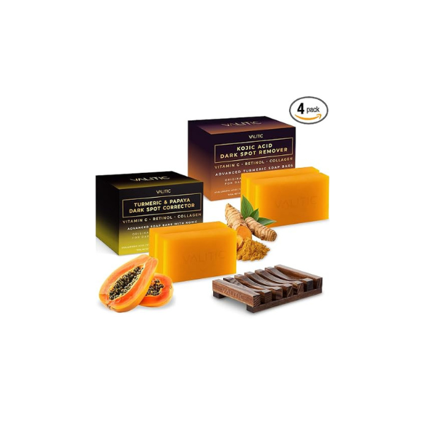 VALITIC Papaya and Turmeric Kojic Acid Soap Bar for Dark Spots, 4 Pack