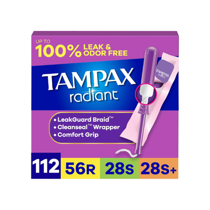 Tampax Radiant Tampons for Women Multipack, with LeakGuard Braid, Regular/Super/Super Plus Absorbency, Unscented, 112 Count (4 Packs of 28), Packaging May Vary