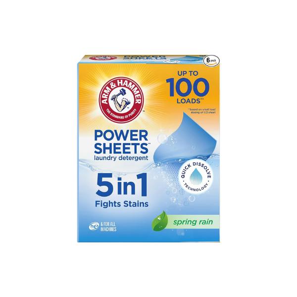ARM & HAMMER 5-in-1 Power Sheets Laundry Detergent, Spring Rain, 50 Count (Pack of 6)