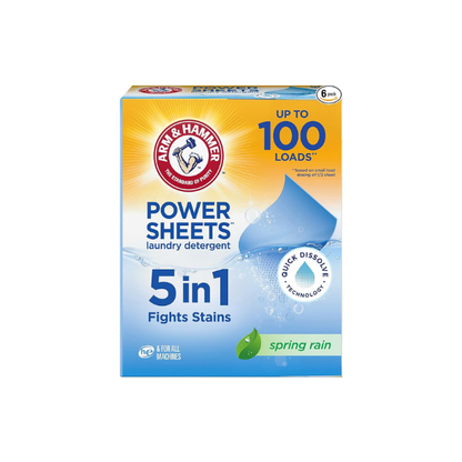 ARM & HAMMER 5-in-1 Power Sheets Laundry Detergent, Spring Rain, 50 Count (Pack of 6)