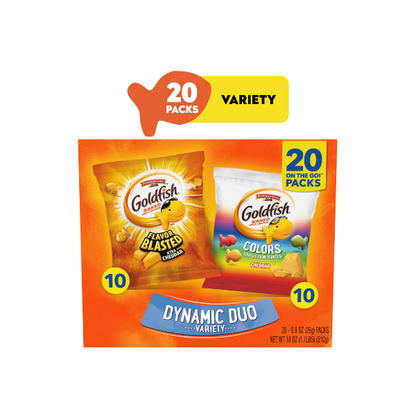 Goldfish Dynamic Duo Colors Crackers, Cheddar & Flavor Blasted Xtra Cheddar Snack Pack, 0.9 oz, 20-Count Variety Pack Box