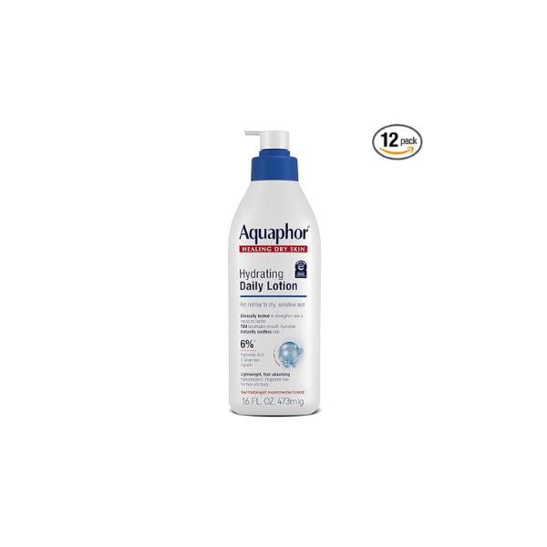 Aquaphor Daily Hydrating Face and Body Lotion, Hyaluronic Acid, 16 Fl Oz (Pack of 12)