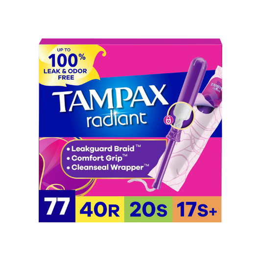 Tampax Radiant Tampons Multipack, with LeakGuard Braid, Regular/Super/Super Plus Absorbency, Up to 100% Leak and Odor Free Protection, Unscented, 77 Count