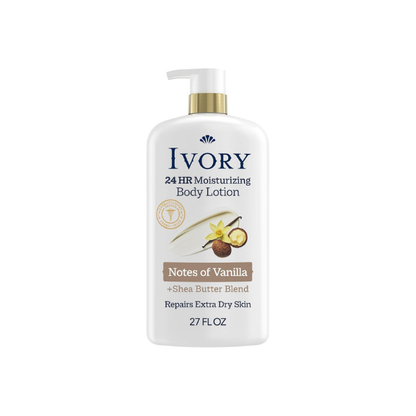 Ivory Hand & Body Lotion, 24hr Moisturizing, Repairs Extra Dry Skin, All Day Hydration, Lightweight Formula, Absorbs Instantly, Perfect for Daily Use, Shea Butter Blend, Vanilla Scent, 27 fl oz