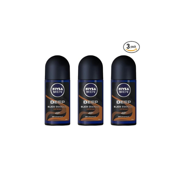 NIVEA MEN DEEP Black Carbon Espresso Anti-Perspirant Roll-On, 50 mL — 72-Hour Odor & Sweat Protection, No Visible Black Residue, Long-Lasting Espresso Scent, Pack Of 3