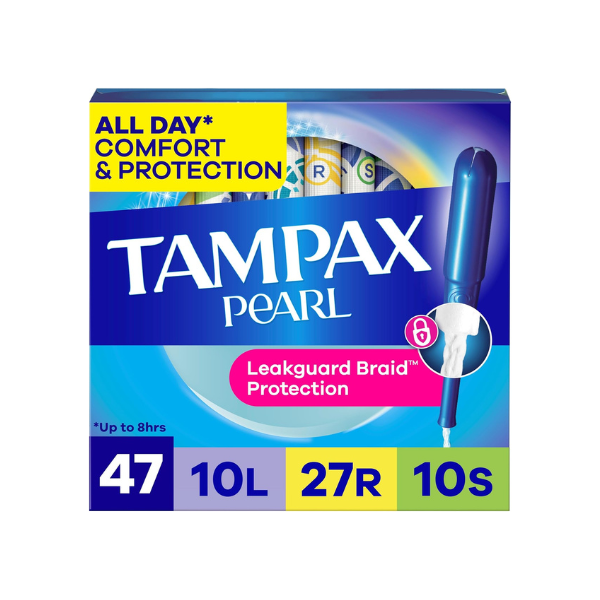 Tampax Pearl Tampons for Women Multipack, with LeakGuard Braid, Light/Regular/Super Absorbency, Unscented, 47 Count