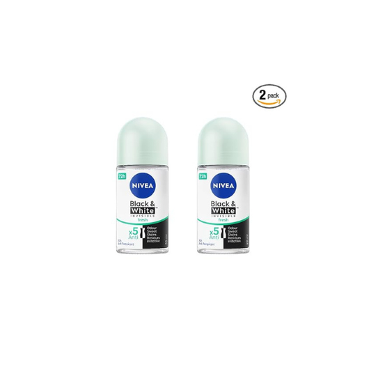 NIVEA Black & White Invisible Fresh Anti-Perspirant Roll-On Deodorant, 50 mL – 72H Odor & Sweat Protection, Anti-Stain on Black & White Clothes, Alcohol-Free, Long-Lasting Fresh Scent, Set of 2