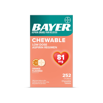 Bayer Chewable Aspirin Regimen Low Dose Pain Reliever Tablets, 81mg, Orange, 252 ct.