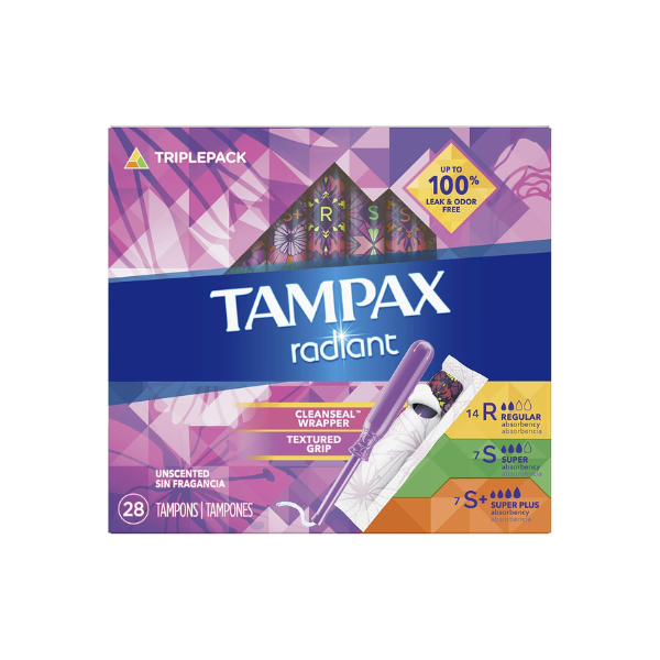 Tampax Radiant Tampons Trio Pack Regular/Super/Super Plus Absorbency, Unscented, 28 Count
